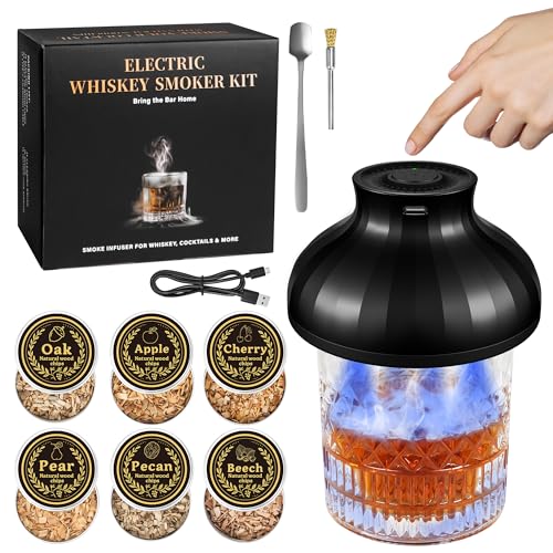 Electric Whiskey Smoker Kit, Rechargeable Cocktail Bourbon Smoker Kit with 6 Wood Chips for Whiskey...