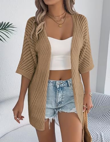 Image of Zeagoo Lightweight Summer Cardigan for Women Short Sleeve V Neck Crochet Kimonos Loose Open Front Hollow Out Cover Ups