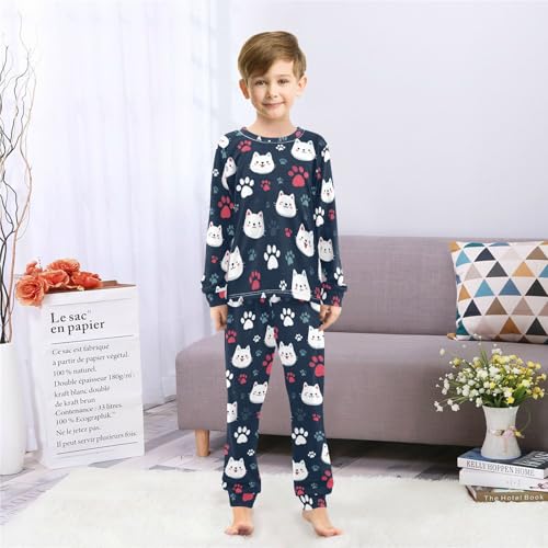 Long Sleeve Pajama Set for Girls Boys,Cats and Paws Pattern Comfy Crewneck Sleepwears,Soft Kid's Homewear Clothes Underwear Sets 8T4