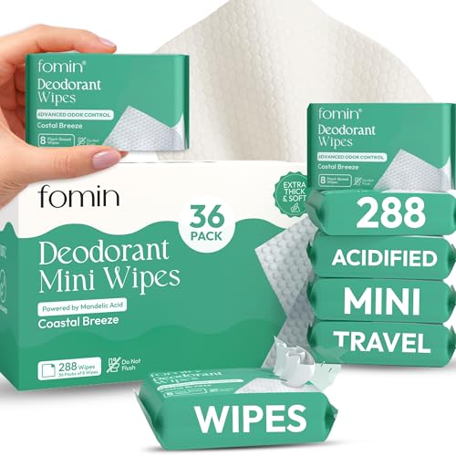 Image of FOMIN Acidified Mini Deodorant Travel Wipes - 288 Count Coastal Breeze | pH Balanced, Biodegradable Mini Deodorant Wipes - Plastic-Free Underarm & Body Wipes for Women & Men - Fits Any Bag