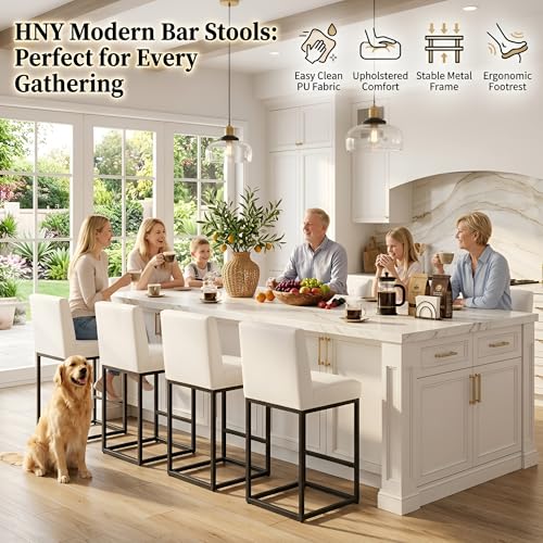 Image of HNY Modern Counter Height Bar Stools Set of 4, Leather Upholstered Barstools with Back, 27 Inch Tall Bar Chair with Armless for Kitchen Island, with Black Metal Frame, White