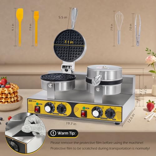 Image of Dyna-Living Commercial Waffle Maker Double Head Waffle Iron for Restaurant | Non-Stick Classic Waffle Iron, 2400W Stainless Steel Round Waffle Machine Perfect for Cafes, Hotels, Food Trucks