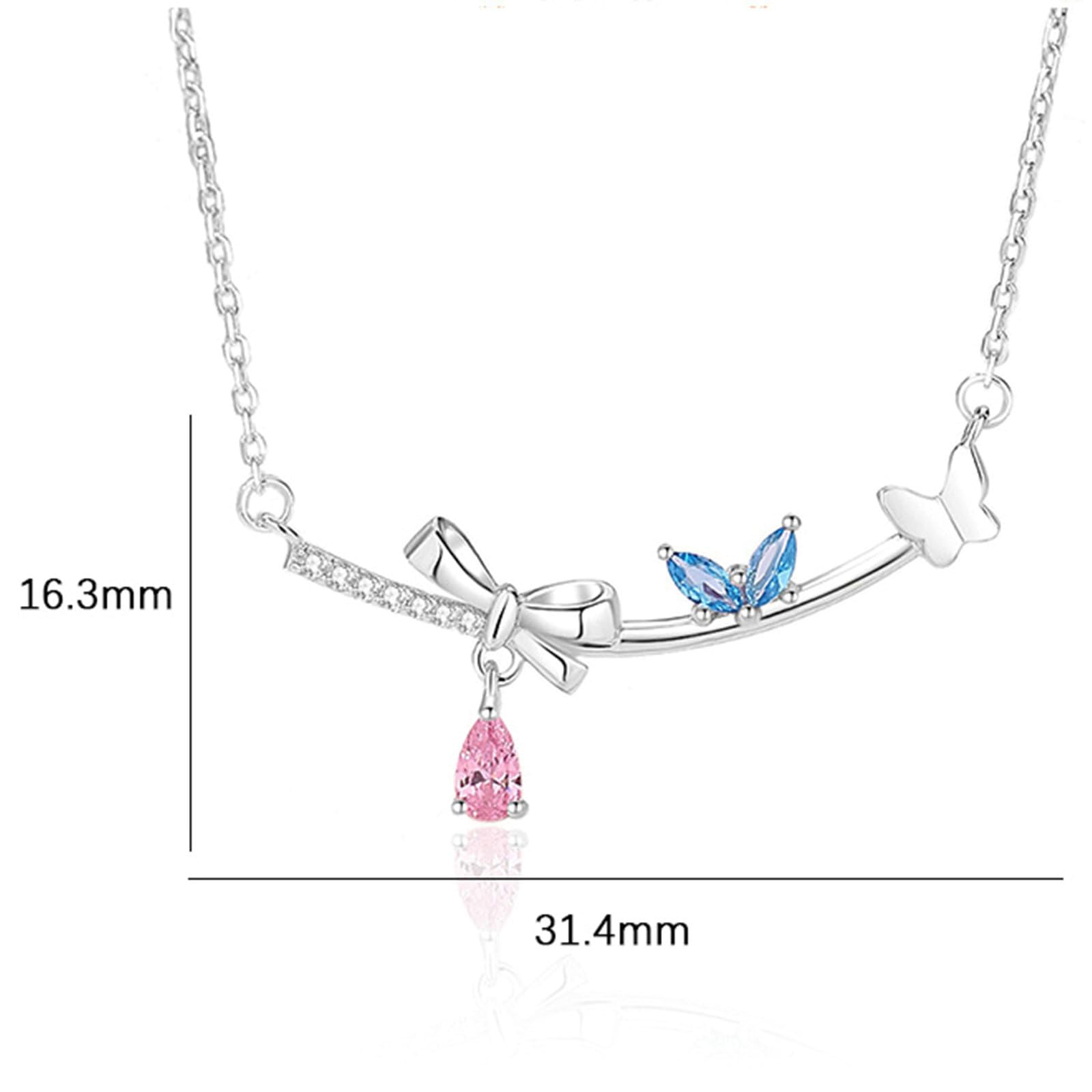 Collana in Oro 9/14/18 Kt Donna, Fiocco Farfalla con Sintetico Rosa Zaffiro e Topazio Moissanite Collana Ciondolo 375/585/750 Oro Bianco, 40+5cm