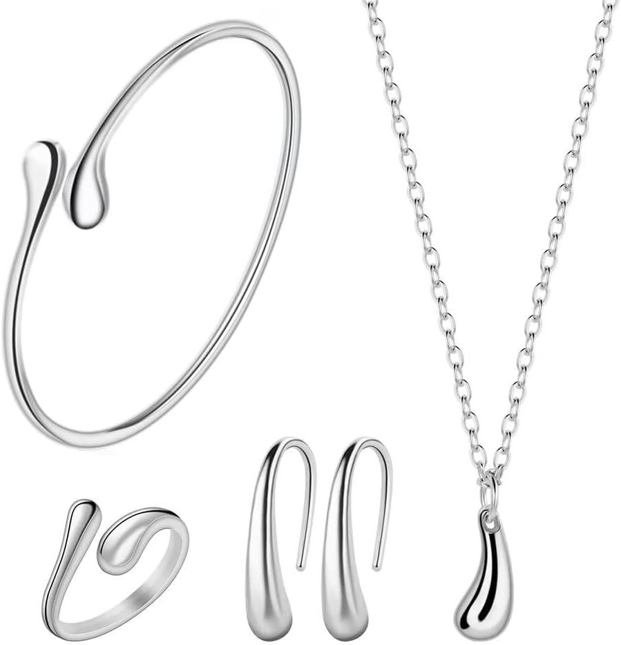 4PCS 925 Sterling Silver Jewelry Set for Women Teardrop Pendant Necklace Earrings Bracelet Ring Fit with Party Meeting Dating Wedding Christmas Anniversary Birthday Jewelry Gift