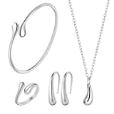 4PCS 925 Sterling Silver Jewelry Set for Women Teardrop Pendant Necklace Earrings Bracelet Ring Fit with Party Meeting Dating Wedding Christmas Anniversary Birthday Jewelry Gift