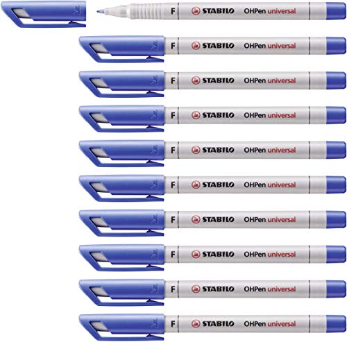 STABILO OHPen - Marqueur - Lot x 10 stylos marqueurs - Bleu (encre non-permanente/pointe fine 0,7mm)