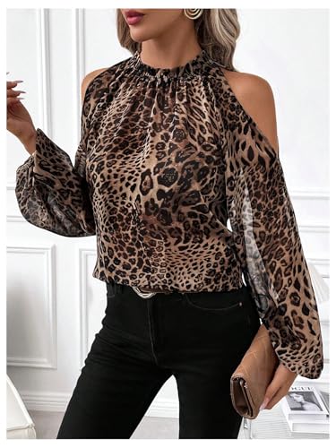 GORGLITTER Women's Cold Shoulder Tops Blouse Fall Dressy Casual Lantern Long Sleeve Mock Neck Pleated Work Shirt Tops3