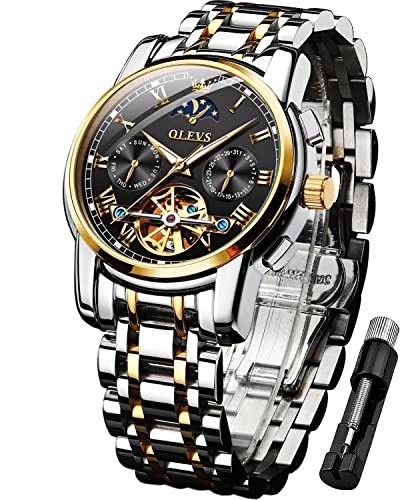OLEVS Mens Automatic Watches Skeleton Tourbillon Mechanical Self Winding Luxury Dress Wrist Watch Moon Phase Day Date Waterproof Luminous Watch Gifts