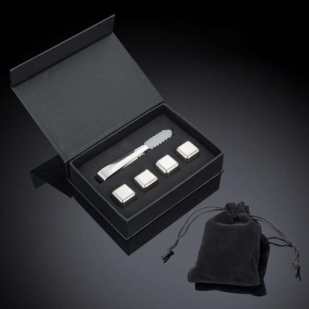 Kalttoy Men's Gift Box (Silver) 4 Pcs Stone Stainless Steel Metal Ice Cubes Ice Cubes Stone Beverage Cooler ' S Tongs Gift Stainless Steel Cube Trays