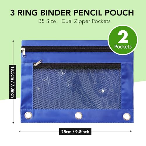 Image of Pencil Pouch for 3 Ring Binder, Heavy Duty Canvas Dual Zipper Pen Bag with Clear Window, Smooth Metal Zipper, Fit Standard 3-Ring Binders for School Office Travel Supplies (Blue)