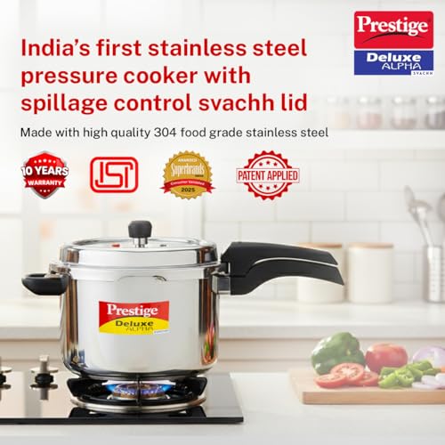Image of Prestige 6.5 Litre Stainless Steel Deluxe Alpha Svachh Outer Lid Pressure Cooker | 10Y Warranty | Deep Lid for Spillage Control | TRIPLY Base | Gasket Release System | Gas & Induction Compatible | ISI