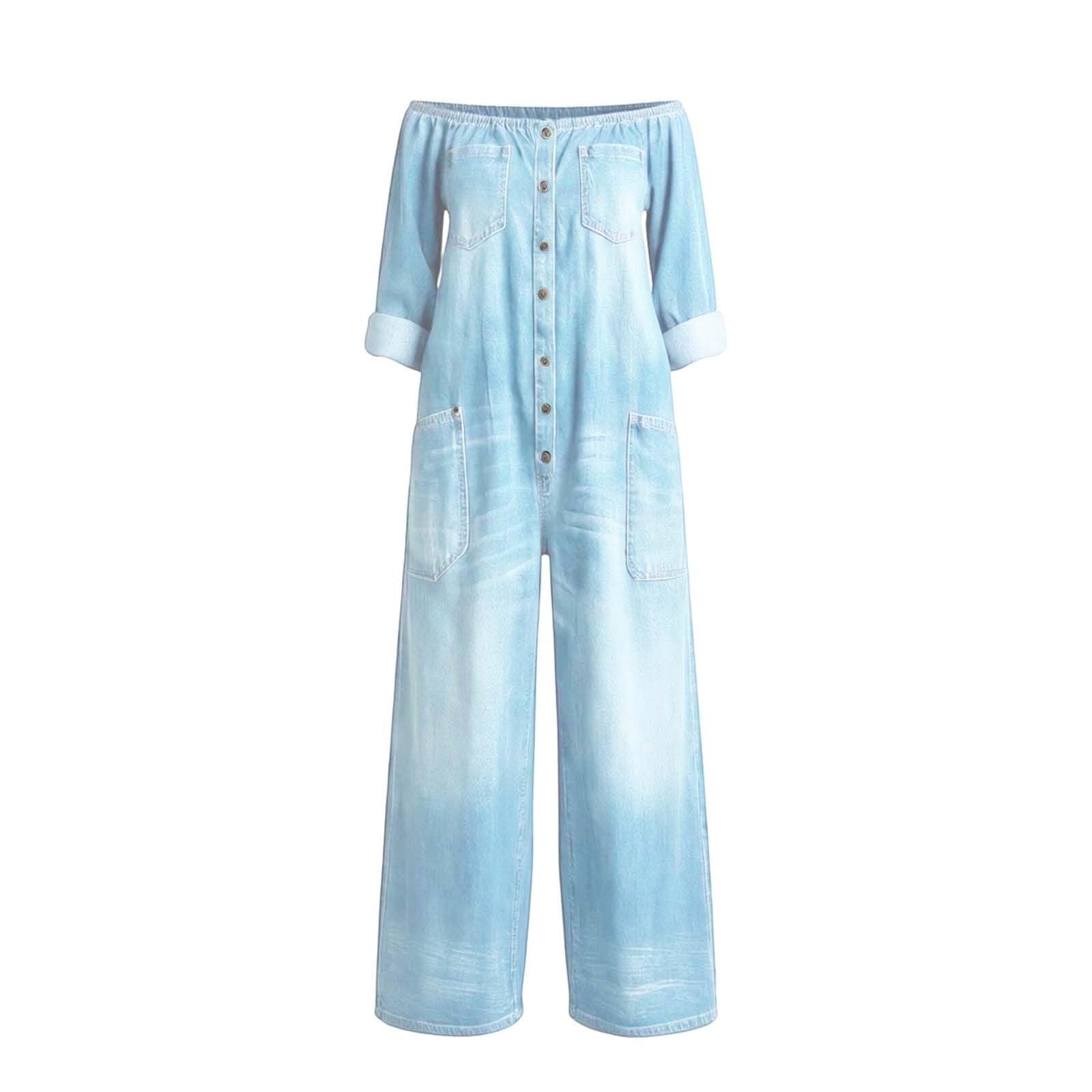 Generisch Mono para mujer de manga larga - Mono con hombros descubiertos, pierna ancha, con botones, pantalones vaqueros de una pieza, holgados, para el trabajo