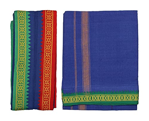 Kolakeer™ Men's Cotton Color Dhoti Angavastram Set - 1.8 Mtrs Dhoti with 1.2 Mtrs Angavastram - Thalapathy Style Mundu Set