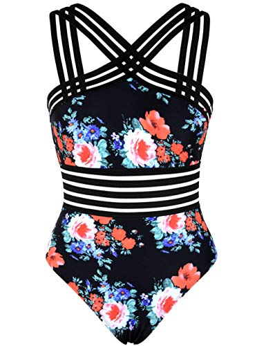 Hilor Women s One Piece Swimwear Front Crossover Swimsuits Hollow Bathing Suits Monokinis Black&red Floral XXL US16