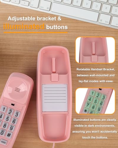 Image of Corded Wall Phone, Landline Phones for Seniors with Large Buttons, Office Desk Phone with Adjustable Loud Volume & Lighted Keypad, Durable Basic Design for Home, Pink