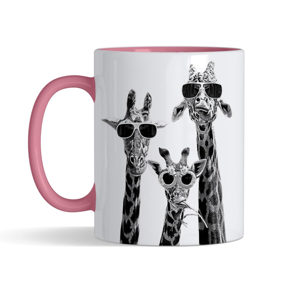 Crunchy Carrots Giraffe Mug - Funny Black & White Giraffes with Sunglasses 11 oz Ceramic Coffee Mug. (Pink Inside and Handle)