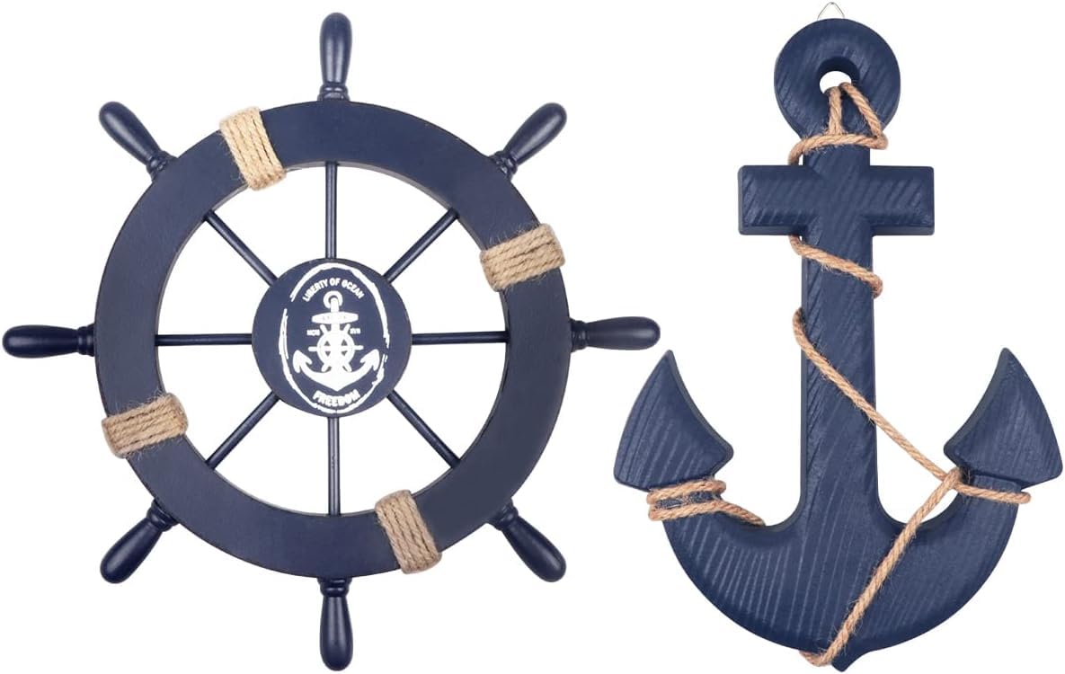 Fangoo 2 Pack 28 CM Wooden Ship Wheel and 33 CM Wood Anchor with Rope Nautical Boat Steering Rudder Wall Decor Door Hanging Ornament