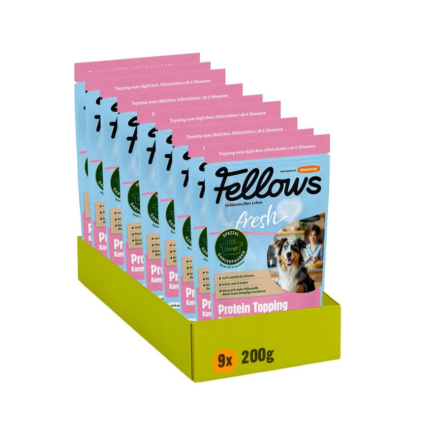 Fellows Protein Topping für Hunde - Ergänzungsfuttermittel mit Karotten, Sonnenblumenprotein, Erbsen, vegetarisch, frischer Proteinboost, als Hunde EIS geeignet, Barf-geeignet, 9 x 200 g