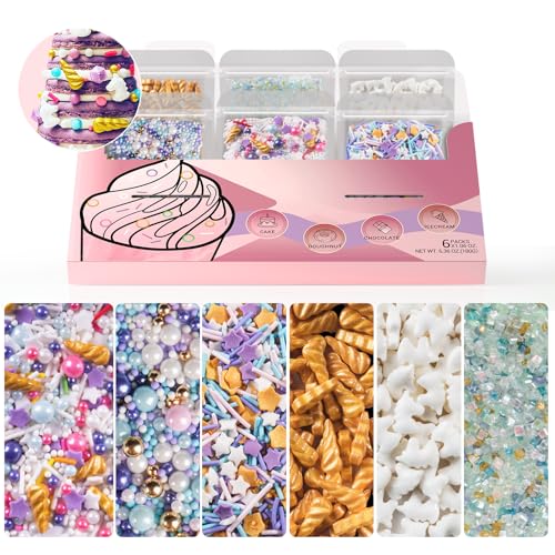 Huebeaty® 6-In-1 Unicorn Sprinkles Edible Set – 180G Unicorn Golden Horn Candy, Star Confetti & Jimmies Mix, Pearls & Sugar Crystals – Edible Unicorn Cake Decorations For Cupcakes, Cookies, Ice Cream & Birthday Desserts