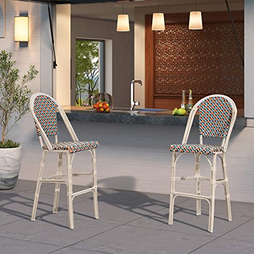 Image of PURPLE LEAF French Counter Height Bar Stool Set of 2 25 inch White Print Finish Patio Bar Chairs with Back Rattan Bar Chairs French Bistro Set for Kitchen Outdoor Counter Stool Colorful