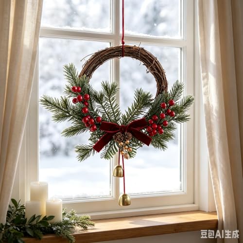 14 Inch Artificial Red Berries & Ribbons Christmas Wreath for Front Door (Red) - image 5