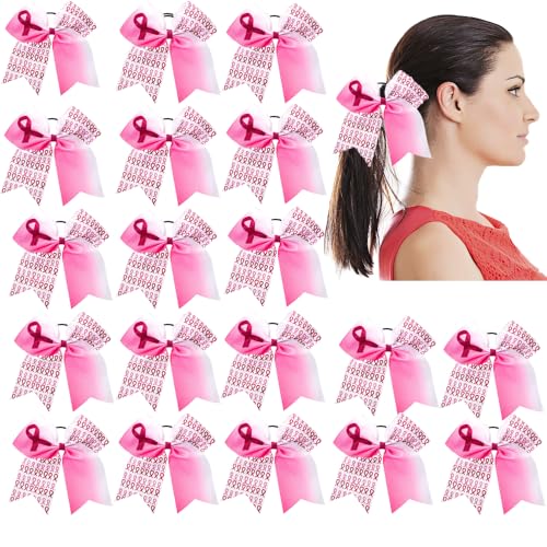 20 Pieces 7 Inch Breast Cancer Awareness Cheer Bows Pink Ribbon Hair Band Elastic Scrunchies Cheerleading with Hair Band Hair Accessories for Teens Women (light pink)
