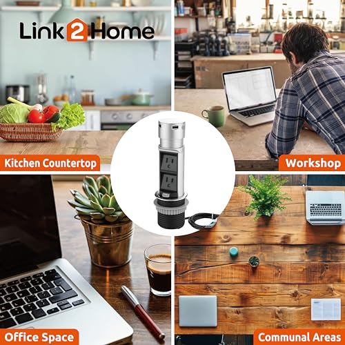 Link2Home EM-PU-200E Link 2 Home Space Saver Pop Up Outlet Station With Usb, 2 Power Outlets 15A, 2 Usb Ports 2.4A Fast Charge Splash Resistant, Stainless-Steel Finish, For Kitchen Island thumb #2