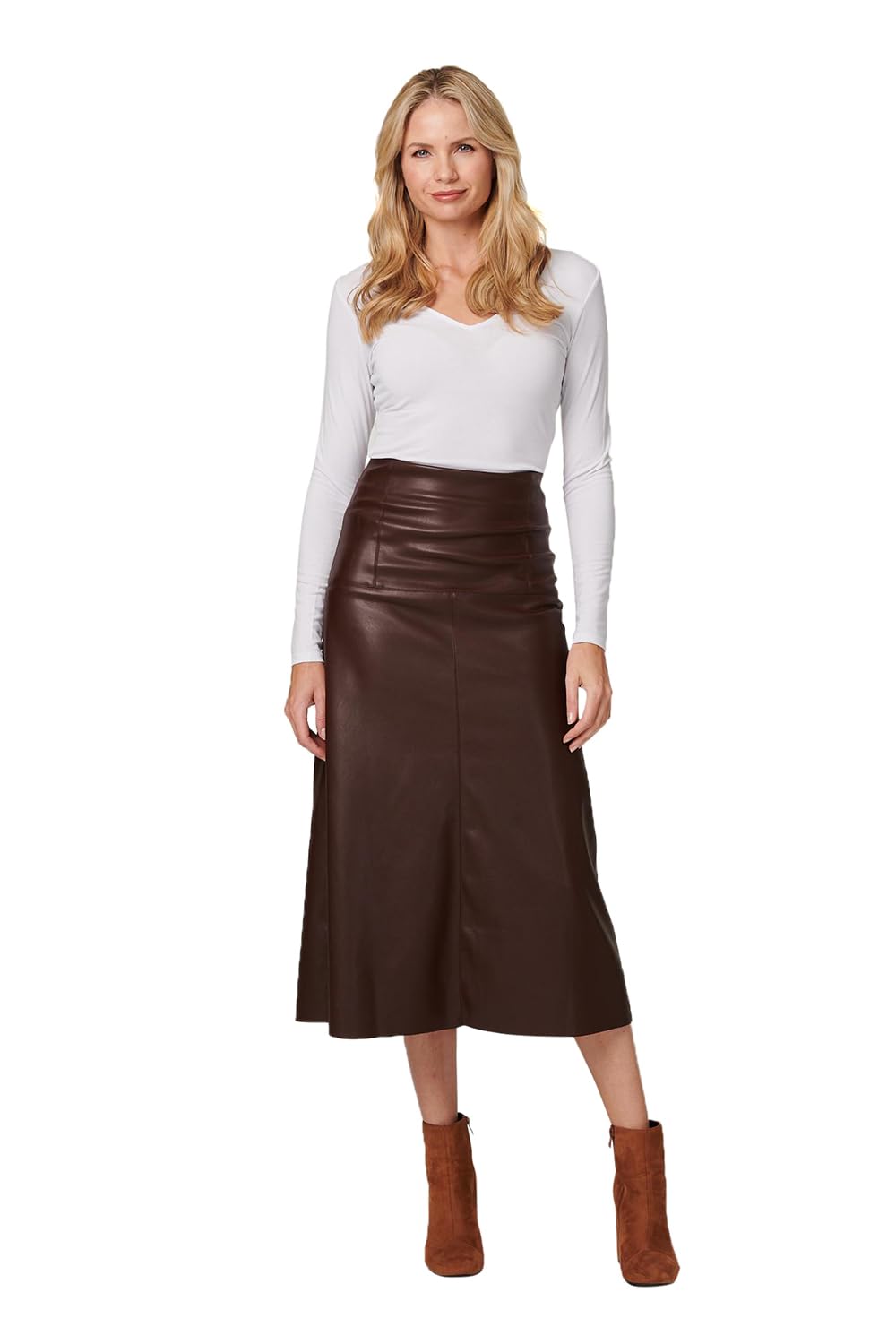 Izabel London Brown Faux Leather High Waist Midi Skirt - 12