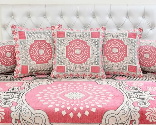 Image of Luxury Velvet Diwan Bedsheet with 5 Cushion Covers and 2 Bolster Covers - Designer Sofa DiwanCover Set for Living Room (Pink, Velvet Diwan Set (1+2+5)