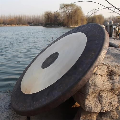 Gong chinois traditionnel en bronze – Aspect vieilli avec beau délavage scintillant, décoration pour extérieur, terrasse et jardin