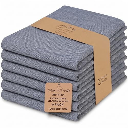 Urban Villa Kitchen Towels Premium Quality 100% Cotton Solid Kitchen Towels Set of 6 Ultra Soft Size 20X30 Inches Chambray Black/White Color Kitchen Towel Highly Absorbent Kitchen Towels