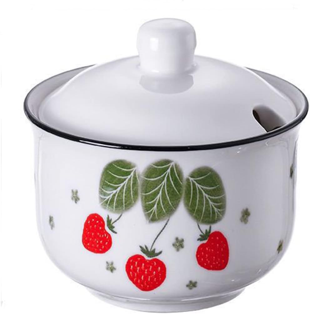Leaf Pattern Porcelain Seasoning Jar with Lid & Spoon, Condiment Pot Sugar Bowl, Ceramic Condiment Jar Spice Container for Home Restaurant Kitchen, Vintage Hand-Painted Food Storage Jar