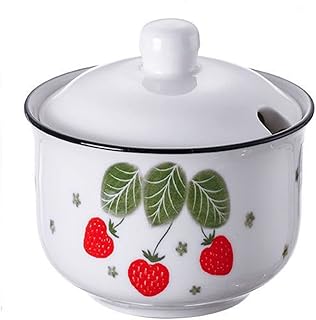 Strawberry Ceramic Seasoning Jar with Lid and Spoon, Condiment Pot Sugar Bowl, Porcelain Condiment Jar Spice Container for Home Restaurant Kitchen, Vintage Hand-Painted Food Storage Jar
