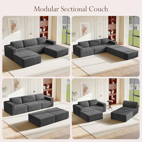 Image of Vesgantti 119 inch Oversized U-Shaped Modular Sectional Sofa, Corduroy Cloud Couch with Deep Seating & Spring Support, Convertible Sofa with 2 Ottomans, Boneless Couch, No Assembly Required, Grey