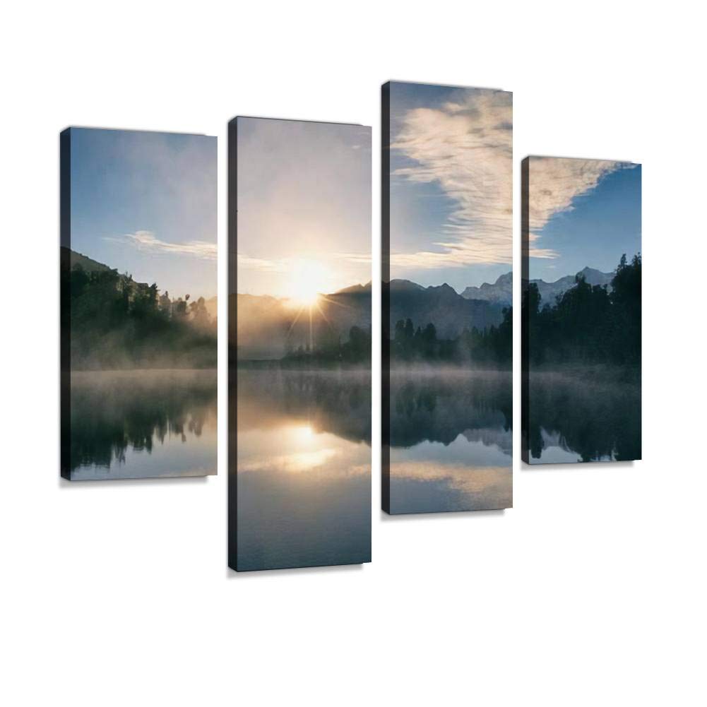 Dawn At Lake Matheson Canvas Print Artwork Wall Art Pictures Framed Digital Print Abstract Painting Room Home Office Decor Ready to Hang 4 Panel