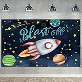 Outer Space Birthday Backdrop Decoration Cartoon Rocket Blast Off Planet Earth Boy Birthday Photography Background Birthday Party Decoration Banner