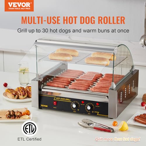 VEVOR Hot Dog Roller Machine with Cover & Dual Temp Control, LED Light & Detachable Drip Tray, 30 Capacity 11 Rollers, 1800W Stainless Steel - Image 2