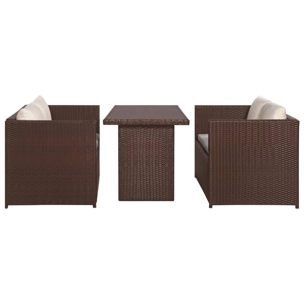 Juego de muebles de jardín de ratán sintético, color marrón, con 2 bancos de jardín y 1 mesa de comedor, incluye cojines de asiento y respaldo para jardín, terraza y balcón