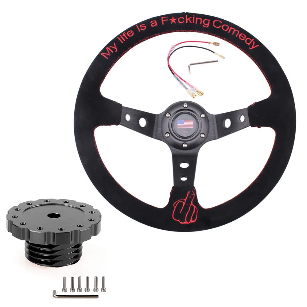 RASTP 13.6”/345mm Racing Steering Wheel with Sim Racing Gaming Steering Wheel Adapter Fit for Thrustmaster T500 / T300 / TS-PC,TS-XW (Black-Black)