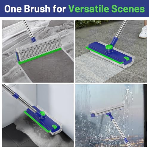 Image of 3 in 1 Floor Scrub Brush with Long Handle & Squeegee | Heavy-Duty, Adjustable, 360 Rotating Head for Cleaning Tile Bathroom Deck Kitchen Patio, Blue