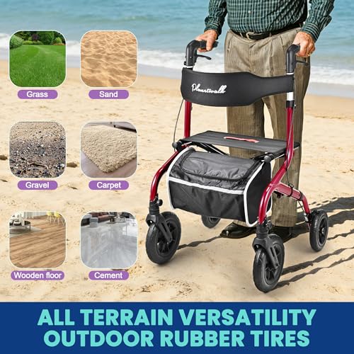 Foldable Rollator Walker: 10" & 8" All-Terrain Wheels, 300lb Capacity, Treaded Rubber Tires, Breathable Seat & Backrest, Lightweight Mobility Aid for Seniors, Red - Image 3