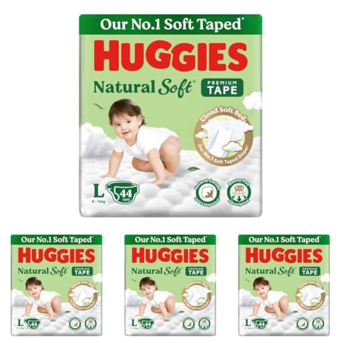 Image of Huggies Natural Soft Premium Tape Diapers Large (L) Size, 9-14 kgs,44 Count | Our No.1 Soft Taped Diaper with Cloud Soft Bed and Runny Poo Absorption (Pack of 4)