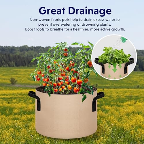 Image of iPower 5 Pack 25 Gallon Tan Grow Bags, Garden Planting Nonwoven Fabric Pots with Reinforced Handle, Heavy Duty and Aeration Planter Pot for Tomato, Fruits, Vegetables and Flowers