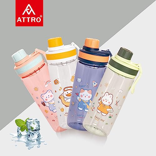 Image of Attro Champ 550ml Cute and Convenient Cartoon Printed Kids Plastic Water Bottle with Designer Hand Strap & Flip Lid BPA-Free-Perfect for School,Sports and Travel -Green