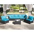 CANMOV 7 Pieces Patio Furniture Sets, All Weather Outdoor Patio Conversation Set, PE Wicker Rattan Sectional Sofa Couch Glass Coffee Table Washable Cushions, Peacock Blue