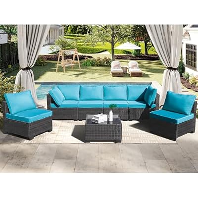 CANMOV 7 Pieces Patio Furniture Sets, All Weather Outdoor Patio Conversation Set, PE Wicker Rattan Sectional Sofa Couch Glass Coffee Table Washable Cushions, Peacock Blue