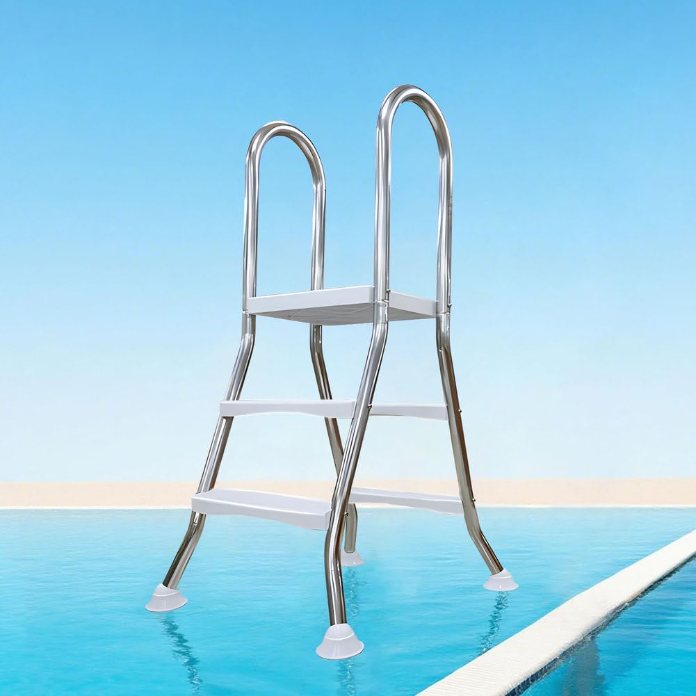 Scala per piscina fuori terra, telaio in acciaio inox resistente a 2 gradini per pareti da 83,8 cm, ingresso e uscita antiscivolo con piedini rotanti, 85 cm