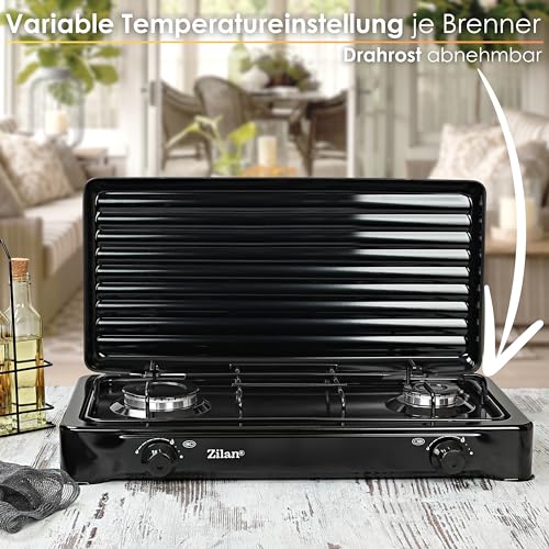 2 Flammiger Gaskocher Schwarz Campingkocher Gas Kochfeld Gasherd Hockerkocher abnehmbarer Deckel Camping Gaskocher 2-Flammig Gas Kochplatte 30mbar - 50mbar geeignet (Mit Gasschlauch & Druckminderer) – Bild 4