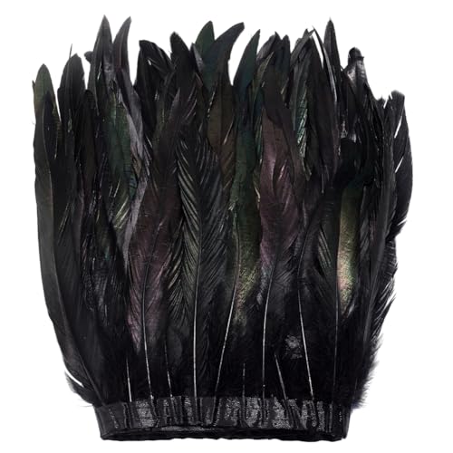 MAYJOYDIY 2 m de plumas de gallo negro, 27,2 cm, plumas grandes y naturales de cola de gallo, ribete de flecos para bricolaje, costura, manualidades, ropa de fiesta, capa, bufanda, alas, decoración de