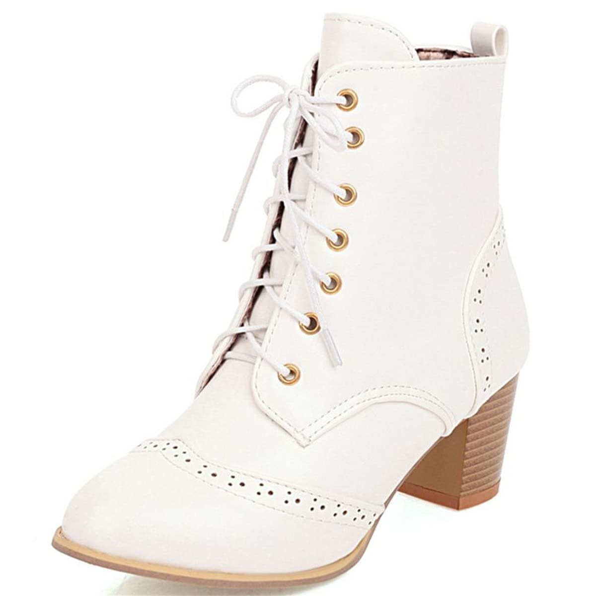 Betastella Womens Lace Up Booties Chunky Heel Ankle Boots Side Zip Short Boots Dress Shoes
